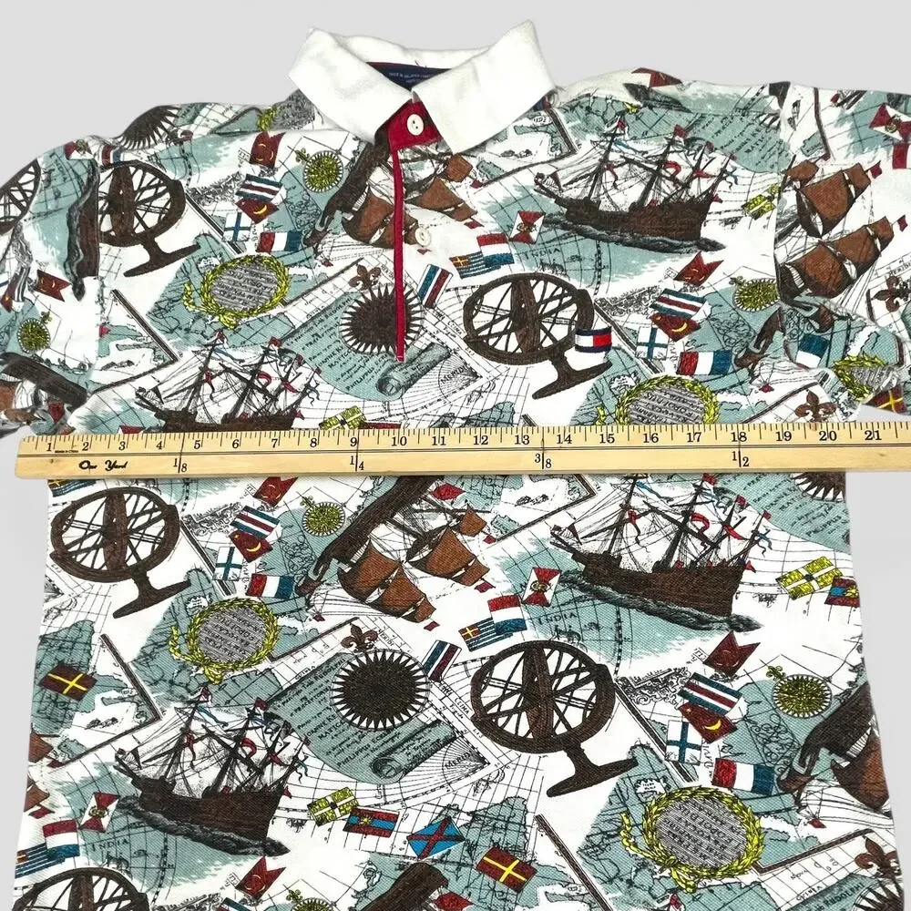 Vintage 90s Tommy Hilfiger Nautical Map AOP Polo Shirt Small S Sailboat - Picture 7 of 7